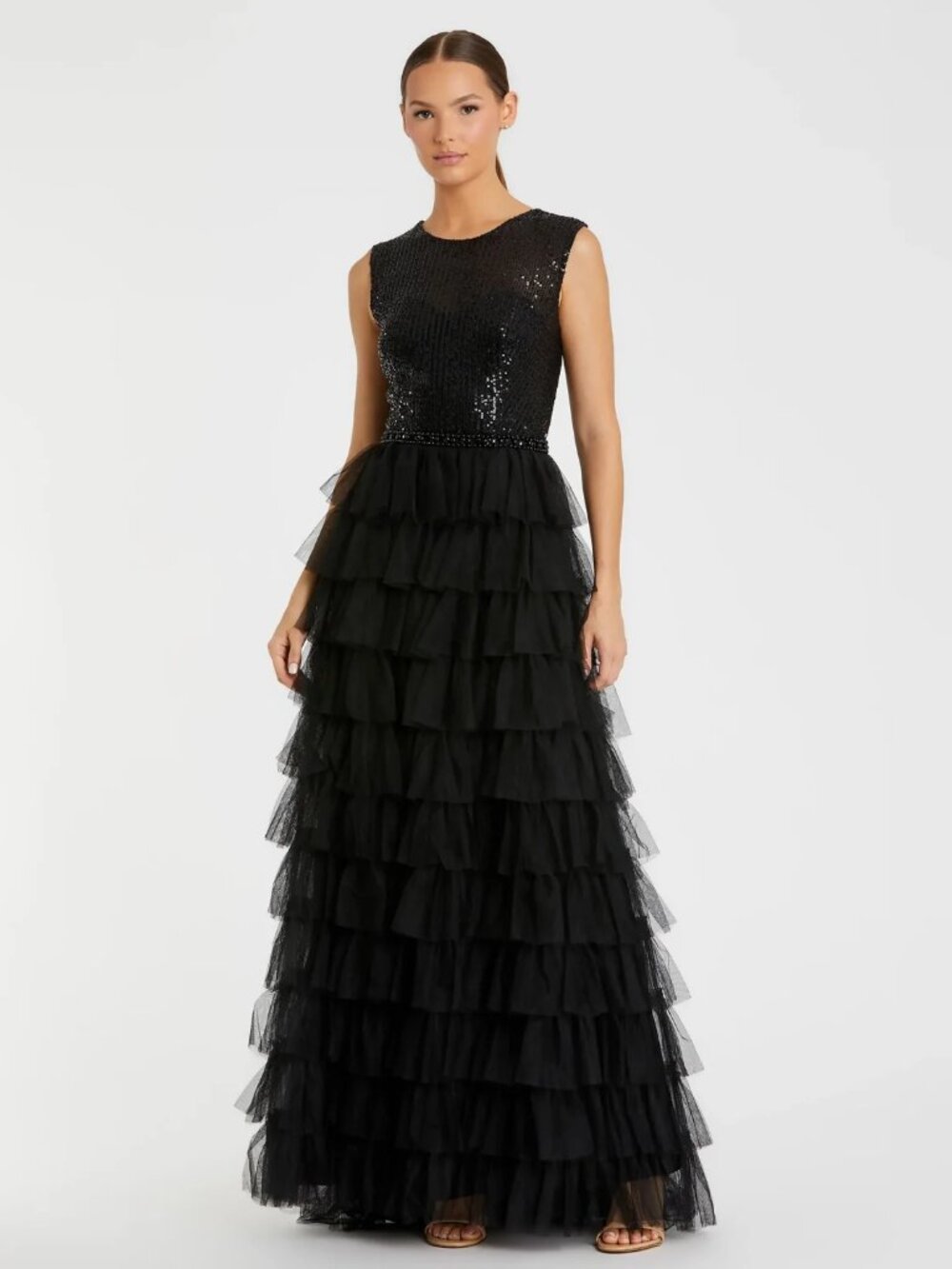 NWT - Mac Duggal Black Ruffle Tiered High Neck Sequined Gown, Size 14